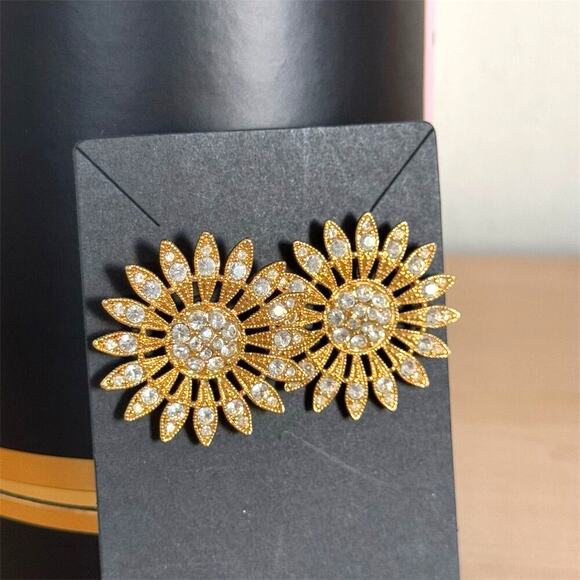 Avon Vintage Gold Sunburst Rhinestone Earring Set Anniversary Circle Dot Signed - Picture 3 of 8